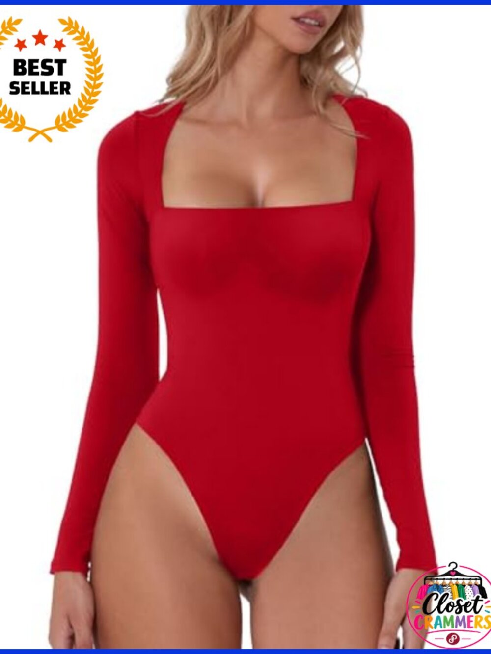 Square Neck Bodysuit Long Sleeve Double Lined Shirt Top